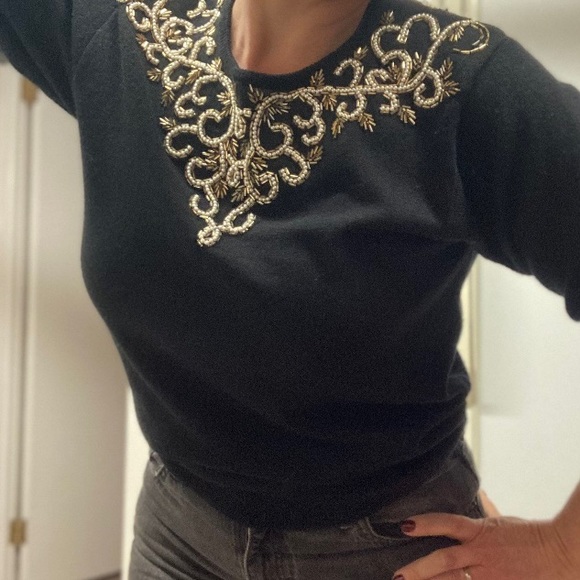 Vintage Liz Claiborne black Baroque beaded lambswool crewneck sweater size small - Picture 3 of 10